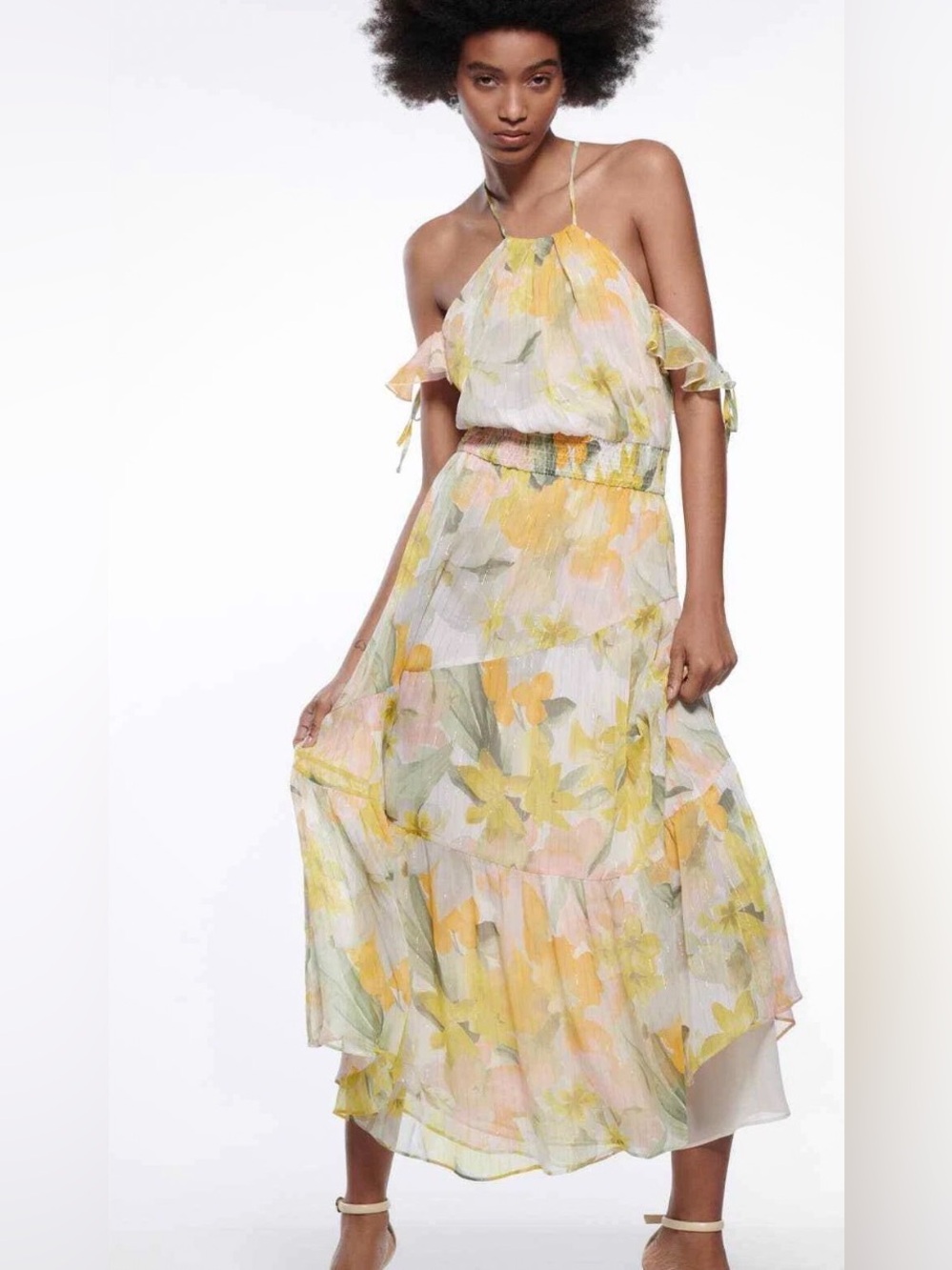 Zara Floral Midi Dress with Ruffle Sleeves